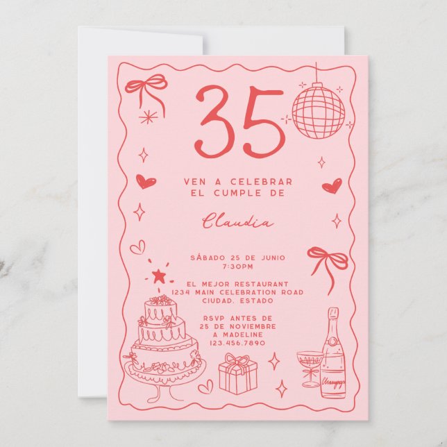 Invitación Cumpleaños número 35 Retro Extravagante Rojo Rosa  (Anverso)