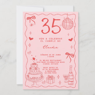 Invitación Cumpleaños número 35 Retro Extravagante Rojo Rosa 