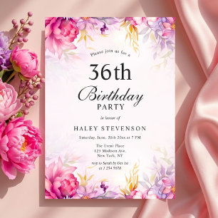 Invitación Cumpleaños número 36 Chic Floral Pastel Acuarela F