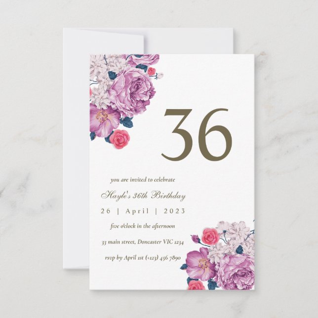 Invitación Cumpleaños número 36 con flores botánicas púrpuras (Anverso)