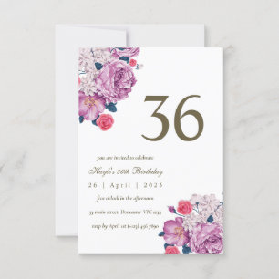 Invitación Cumpleaños número 36 con flores botánicas púrpuras