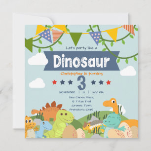 Invitación Cumpleaños número 3 con tema de dinosaurios colori