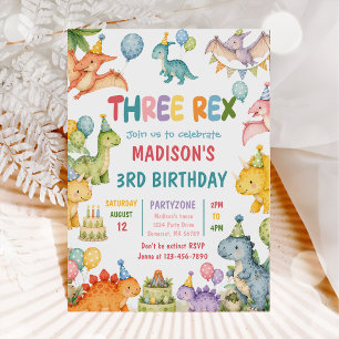 Invitación Cumpleaños número 3 de Dinosaurio Tres Rex