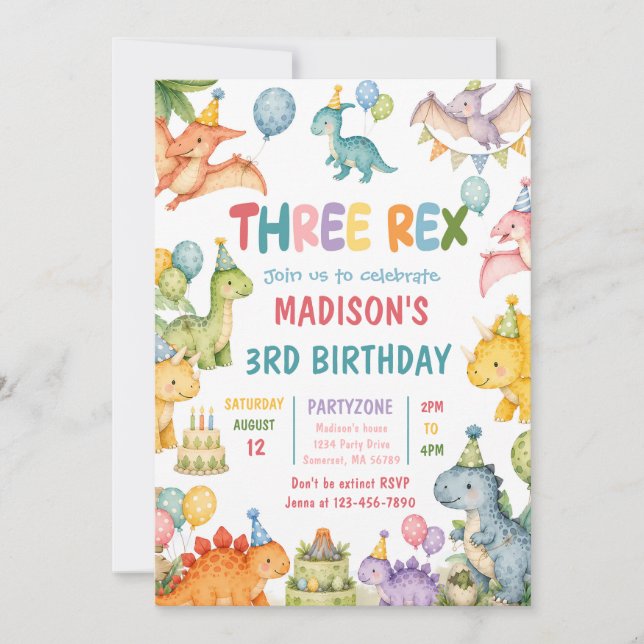 Invitación Cumpleaños número 3 de Dinosaurio Tres Rex (Anverso)