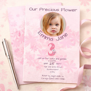 Invitación Cumpleaños número 3 de niña con foto floral rosa m