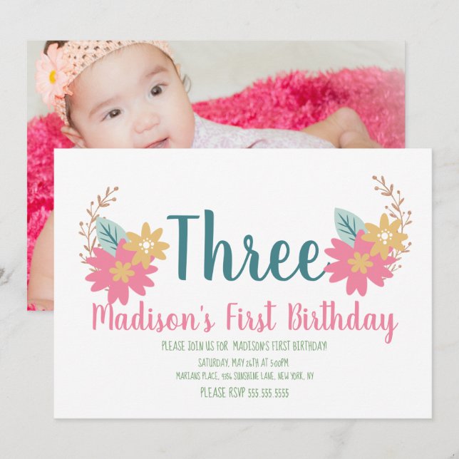 Invitación Cumpleaños número 3 de Spring Garden Floral Pink P (Anverso / Reverso)
