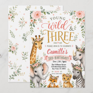 Invitación Cumpleaños número 3 de Wild Three Safari Watercolo