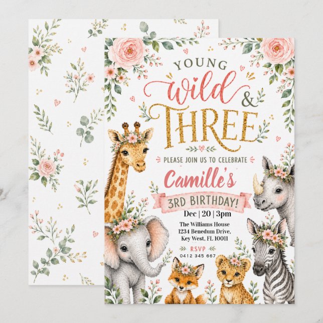 Invitación Cumpleaños número 3 de Wild Three Safari Watercolo (Anverso / Reverso)