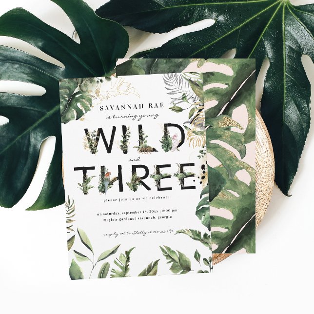 Invitación Cumpleaños número 3 de Wild & Three Tropical Green (Subido por el creador)