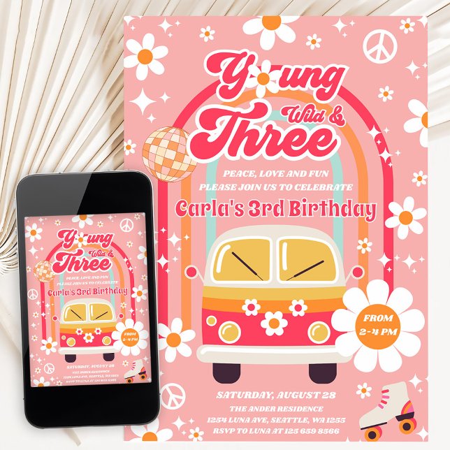 Invitación Cumpleaños número 3 Hippie Joven Salvaje y Groovy (Subido por el creador)