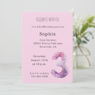 Invitación Cumpleaños número 3 Rosa Suave Lavanda Púrpura