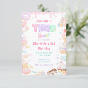 Invitación Cumpleaños número 3 Tres Dulces Caramelos Pastel