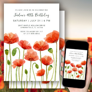 Invitación Cumpleaños número 40 Acuarela floral amapolas