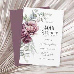 Invitación Cumpleaños número 40 con tema floral Boho rústico 