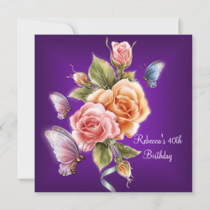 Invitación Cumpleaños número 40 Elegantes Rosas Purpura Rosad