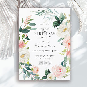 Invitación Cumpleaños número 40 Fiesta Floral Rosa Rubor Feme