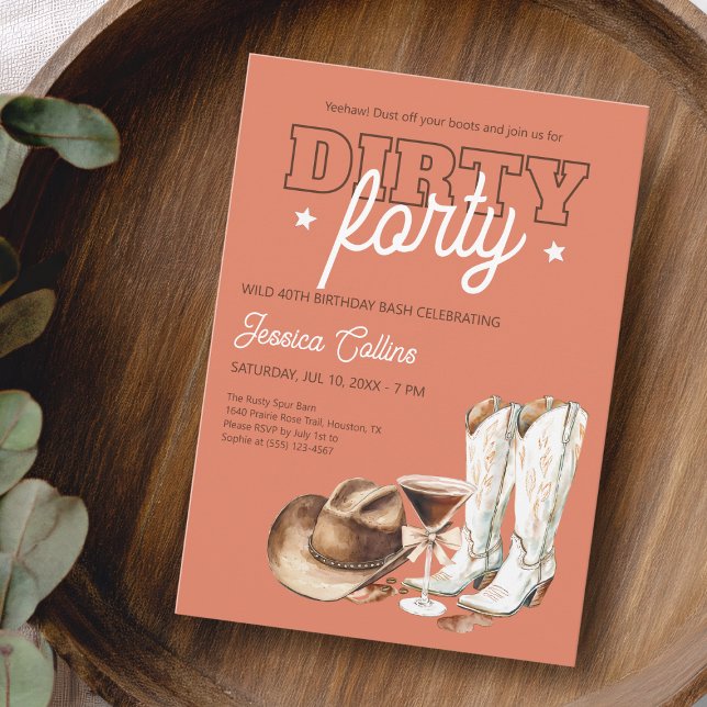 Invitación Cumpleaños número 40 sucio cuarenta occidental ter (Dirty Forty Western Terracotta 40th Birthday Party Invitation)