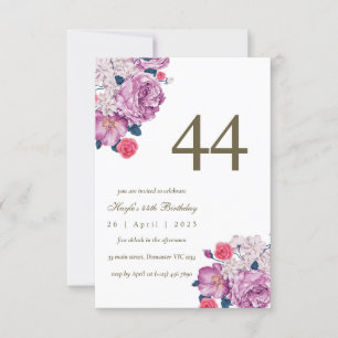 Invitación Cumpleaños número 44 con flores botánicas púrpuras