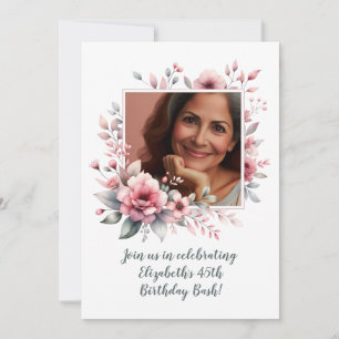 Invitación Cumpleaños número 45 personalizado con foto floral