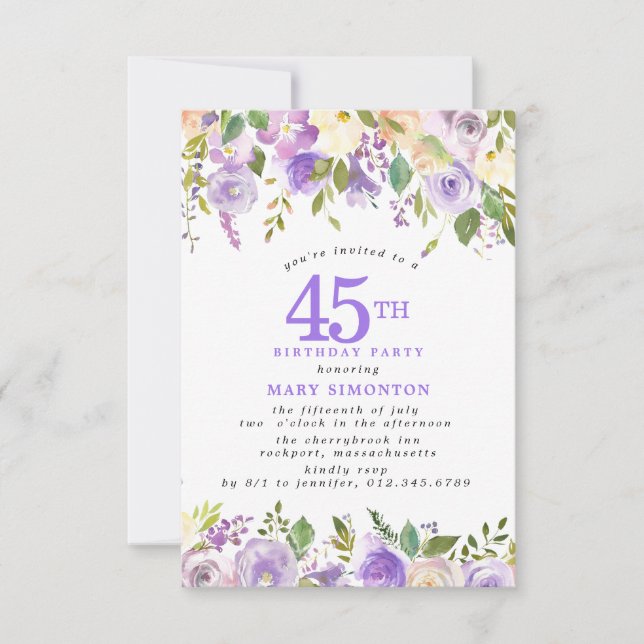 Invitación Cumpleaños número 45 PETITE Fiesta Flor de Rosa Pú (Anverso)