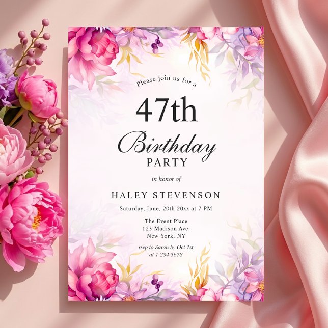 Invitación Cumpleaños número 47 Chic Floral Pastel Acuarela F (Subido por el creador)