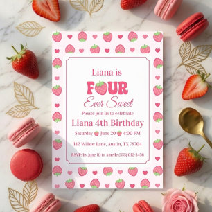 Invitación Cumpleaños número 4 de Four Ever Sweet Pink Strawb