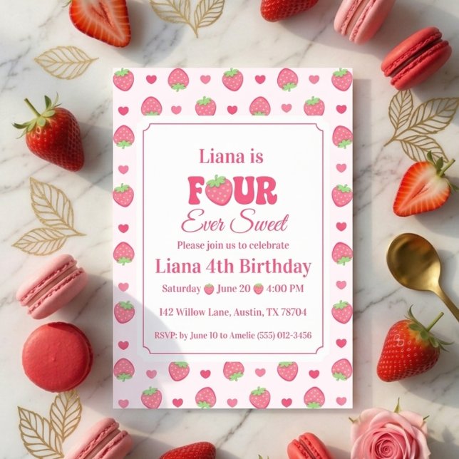 Invitación Cumpleaños número 4 de Four Ever Sweet Pink Strawb (Subido por el creador)