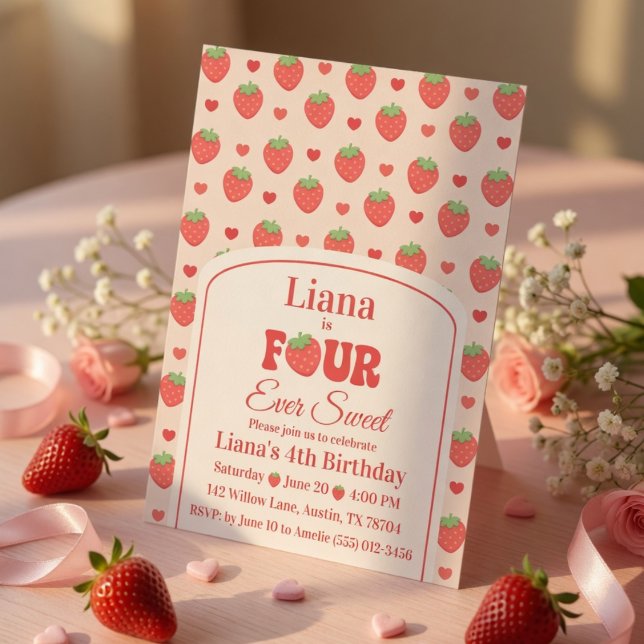 Invitación Cumpleaños número 4 de Four Ever Sweet Pink Strawb (Subido por el creador)