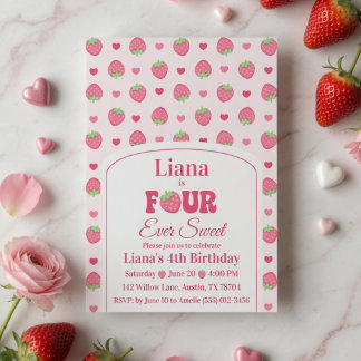Invitación Cumpleaños número 4 de Four Ever Sweet Pink Strawb