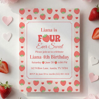 Invitación Cumpleaños número 4 de Four Ever Sweet Pink Strawb