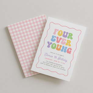Invitación Cumpleaños número 4 de Four Ever Young Pink Gingha