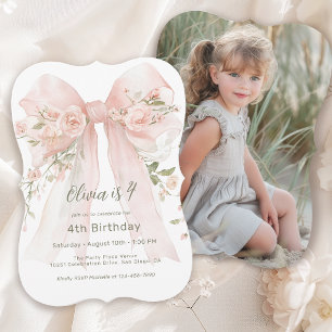 Invitación Cumpleaños número 4 de niña lazo floral rosa y fot
