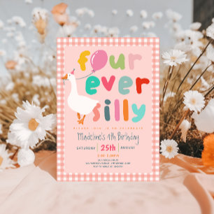 Invitación Cumpleaños número 4 de niñas rosa “Four Ever Silly