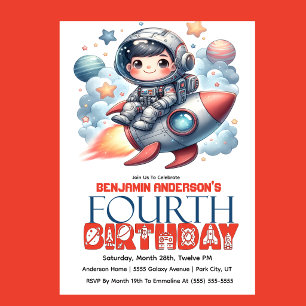 Invitación Cumpleaños número 4 del niño astronauta del cohete