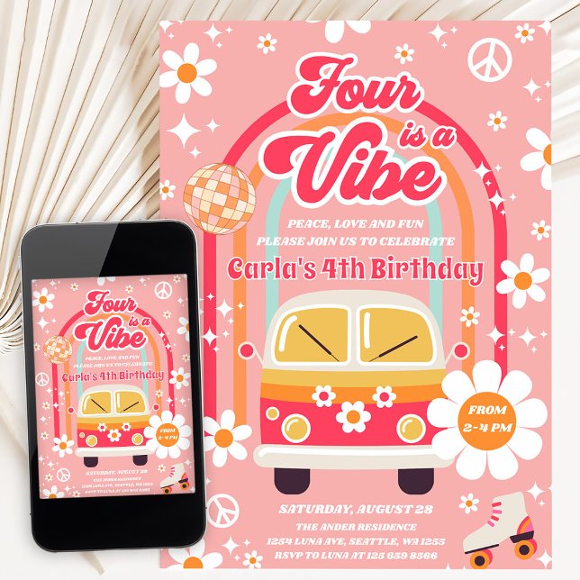 Invitación Cumpleaños número 4 Retro Hippie Arcoíris Es Una V (Subido por el creador)