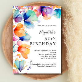 Invitación Cumpleaños número 50 con Acuarela Floral Brillante