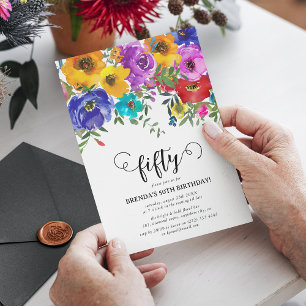 Invitación Cumpleaños número 50 con Florales Brillantes y Aud