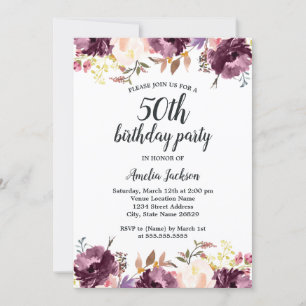Invitación Cumpleaños número 50 con flores púrpuras en acuare