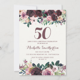 Invitación Cumpleaños número 50 de Flor de Hojas de Rosa Burd