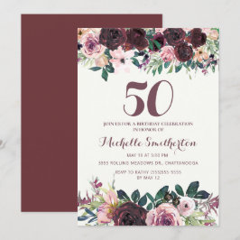 Invitación Cumpleaños número 50 de Flor de Hojas de Rosa Burd