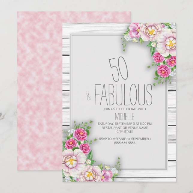 Invitación Cumpleaños número 50 de Floral Rosa Rústico de Mad (Anverso / Reverso)