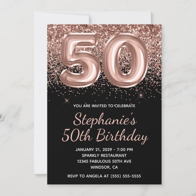 Invitación Cumpleaños número 50 de Rosa Dorado Brillante Glit (Anverso)