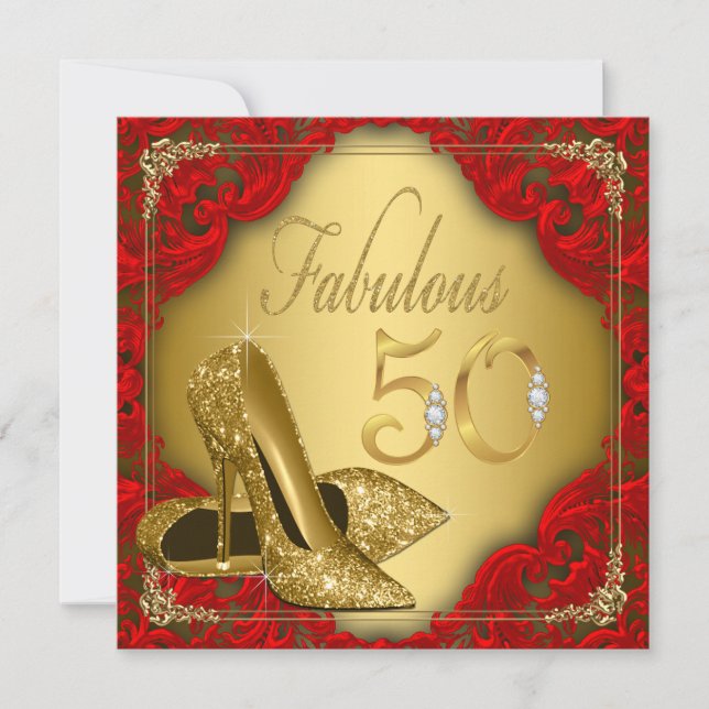 Invitación Cumpleaños número 50 Fancy Red Gold High Heel Fabu (Anverso)