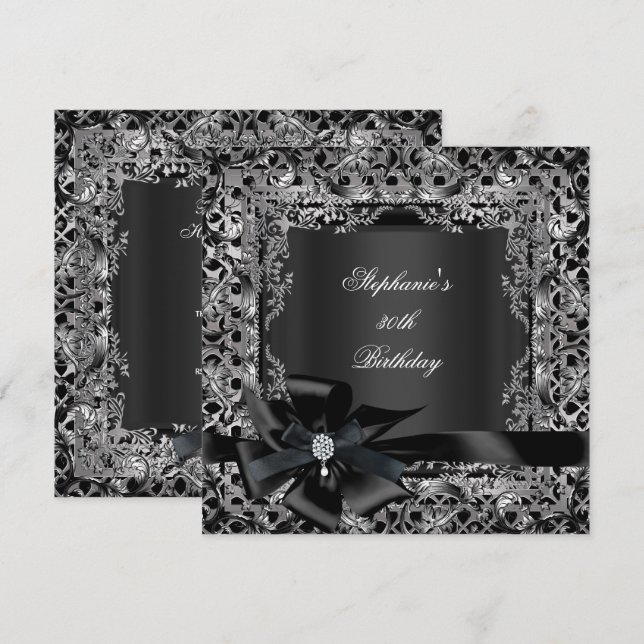 Invitación Cumpleaños número 50 Fiesta Lazo de plata y negro (Anverso / Reverso)