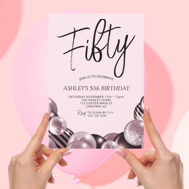Invitación Cumpleaños número 50 moderno de rosa y negro (Subido por el creador)