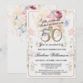 Invitación Cumpleaños número 50 Rosa Floral Elegante Pintado