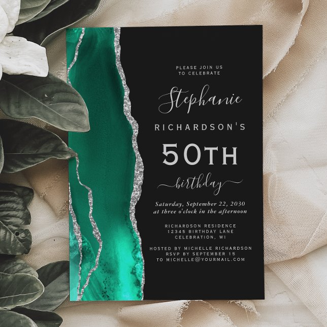 Invitación Cumpleaños número 50 Seafoam Green Silver Agate Da (Subido por el creador)