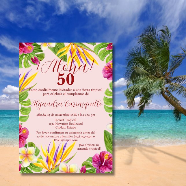 Invitación Cumpleaños número 50 Tropical Aloha Rosa Hawaiano  (Subido por el creador)