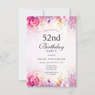 Invitación Cumpleaños número 52 femenino floral pastel acuare
