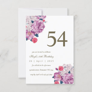 Invitación Cumpleaños número 54 con flores botánicas púrpuras